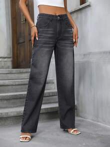 SHEIN Essnce 斜口袋直筒牛仔褲 - 深灰色 - 查看 4