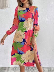 SHEIN VCAY Floral Print Split Thigh Dress - Multicolor - View 3