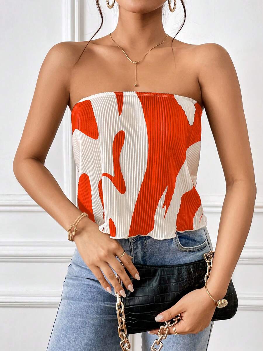 SHEIN Privé Allover Print Tube Top - Orange - View 1