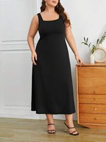 SHEIN Privé Plus Solid Tank Dress - Black - View 5