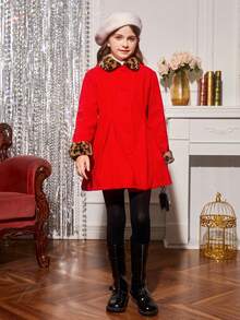 SHEIN 女大童豹紋羊絨領口褶皺細節花呢外套 - 紅色 - 查看 6