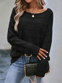 SHEIN LUNE Solid Drop Shoulder Pointelle Knit Sweater - Black - View 1