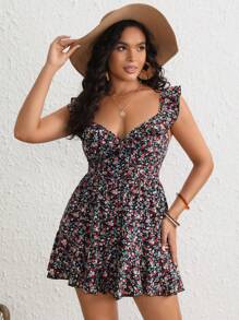 SHEIN VCAY Plus Ditsy Floral Print Ruffle Trim Romper - Multicolor - View 5