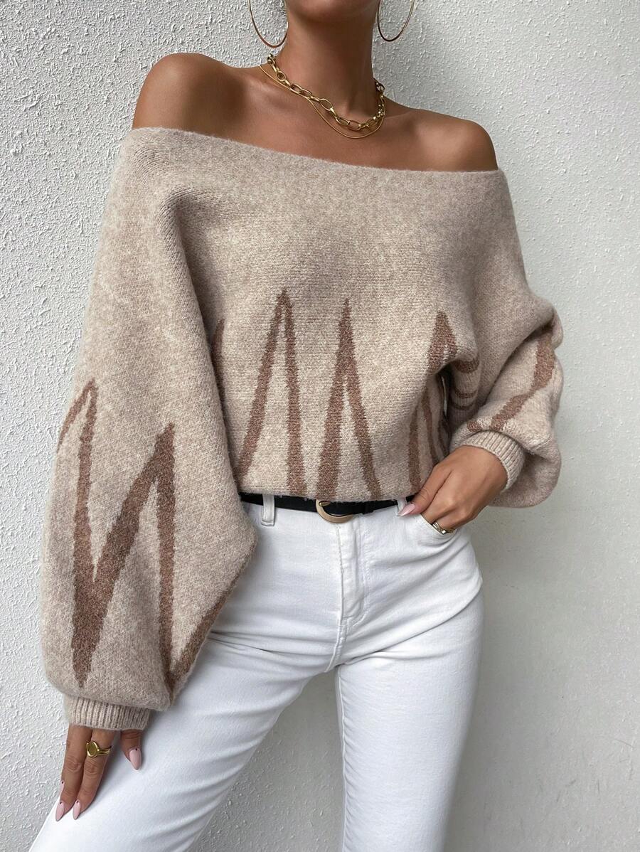 SHEIN Frenchy Chevron Pattern Off Shoulder Lantern Sleeve Sweater - Khaki - View 1