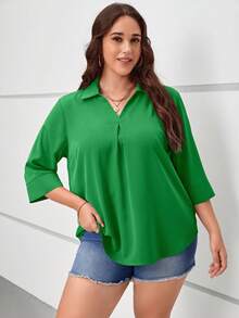 SHEIN LUNE Hơn Chất rắn Chi tiết xếp li Áo sơ mi - màu xanh lá - Xem 6