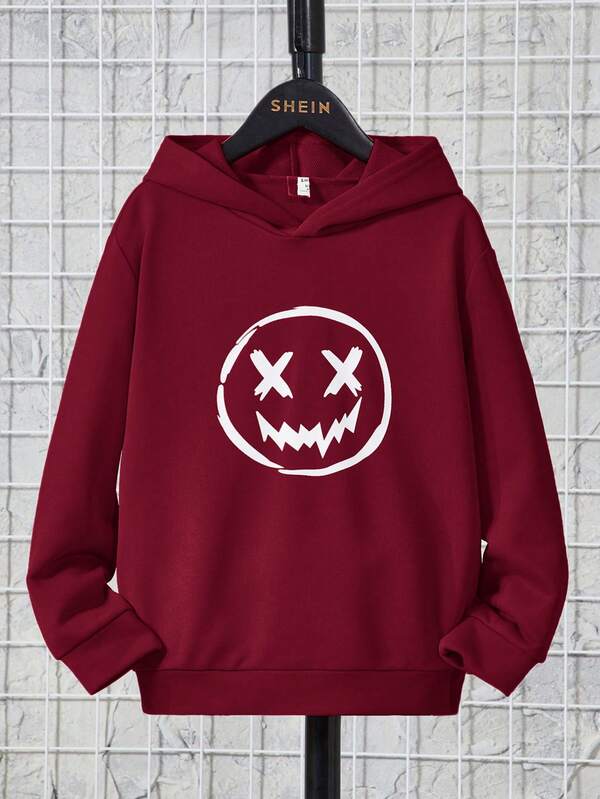 SHEIN Tween Boy Cartoon Pattern Sweatshirt, Long Sleeve Smiling Face Print Sweatshirt For Casual Wear, Autumn/Winter,Winter Set,Winter Clothing,Fall Outfits,Fall Clothing,All Clothes For Kids,Christmas Red Top,Fall Tops