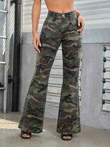 SHEIN ICON 迷彩印花牛仔喇叭褲 - 軍綠色 - 查看 3