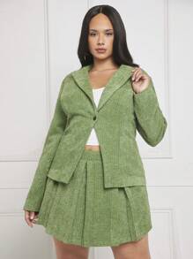 SHEIN SXY Plus Lapel Neck Blazer & Pleated Skirt - Green - View 5