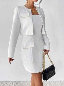 SHEIN Privé 翻蓋細節夾克&吊帶洋裝 - 白色 - 查看 3
