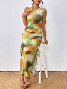 SHEIN Essnce 紮染側抽繩高衩洋裝 - 彩色 - 查看 2