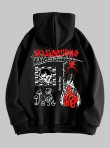 ROMWE MEN Goth Guys Skull Graphic Thermal Hoodie - Black - View 1