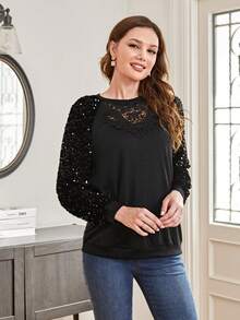 EMERY ROSE Contrast Lace Raglan Sleeve Sweatshirt - Black - View 5