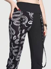 ROMWE Goth Snake Print Straps Detail Leggings - Black - View 3
