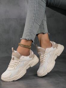 新款女性厚底父親鞋,白色透氣運動鞋 - 米色 - 查看 1