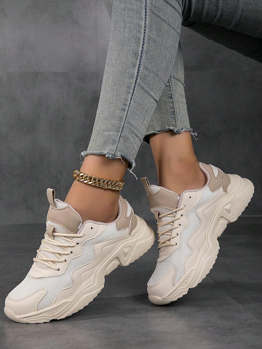 新款女性厚底父親鞋,白色透氣運動鞋 - 米色 - 查看 1