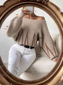 SHEIN Frenchy Chevron Pattern Off Shoulder Lantern Sleeve Sweater - Khaki - View 4