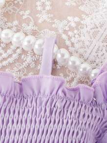 Baby Girl Cold Shoulder Frill Trim Mesh Overlay Dress - Purple - View 4