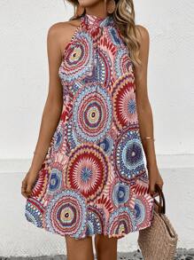 SHEIN VCAY 曼陀羅印花後鎖孔繞頸直筒洋裝 - 彩色 - 查看 1