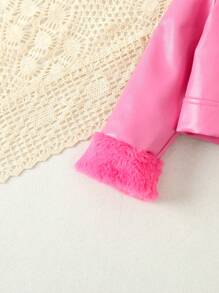 SHEIN Young Girl Teddy Panel Zip Up PU Jacket - Pink - View 6