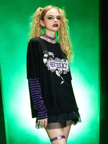 Beetlejuice | ROMWE 2 In 1 Striped Sleeve Letter Graphic Tee - Black - View 4