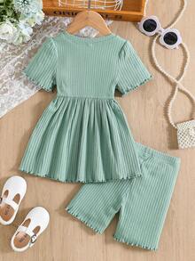 SHEIN Bộ thời trang bé gái Gân đan Xù nhỏ màu trơn Dễ thương - Màu xanh Bạc hà - Xem 2