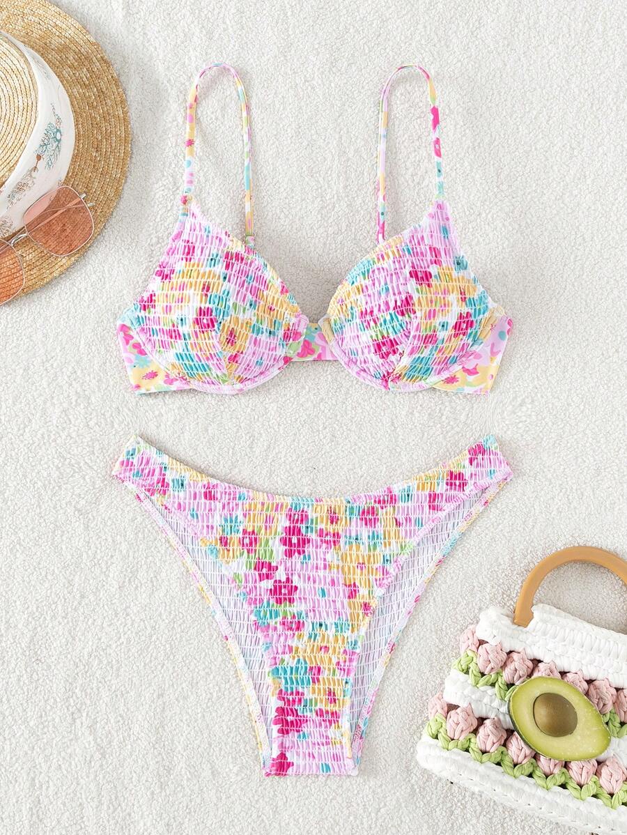 Swim Mod Summer Beach Floral Print Smocked Underwire Bikini Set - Multicolor - View 1