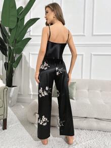 Women's Solid Color Camisole And Floral Print Pants Pajama Set - Black - View 2