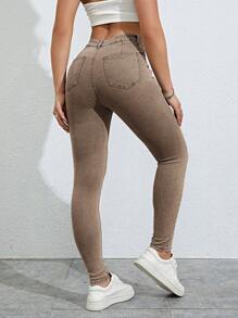 SHEIN Essnce 斜口袋緊身牛仔褲 - 咖啡棕 - 查看 2