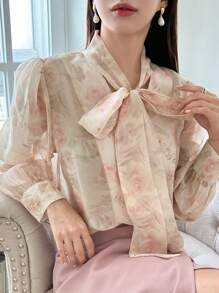 DAZY 燈籠袖印花襯衫 - 彩色 - 查看 1