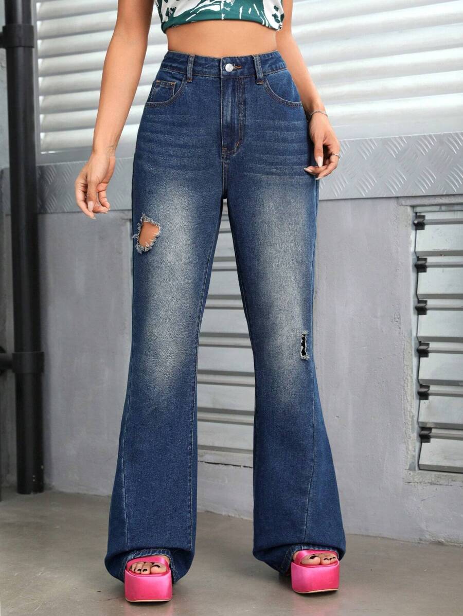 SHEIN ICON Ripped Flare Leg Jeans - Dark Wash - View 1