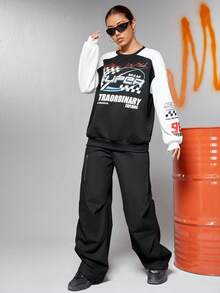 SHEIN EZwear Letter Graphic Drop Shoulder Sweatshirt - Black and White - View 4