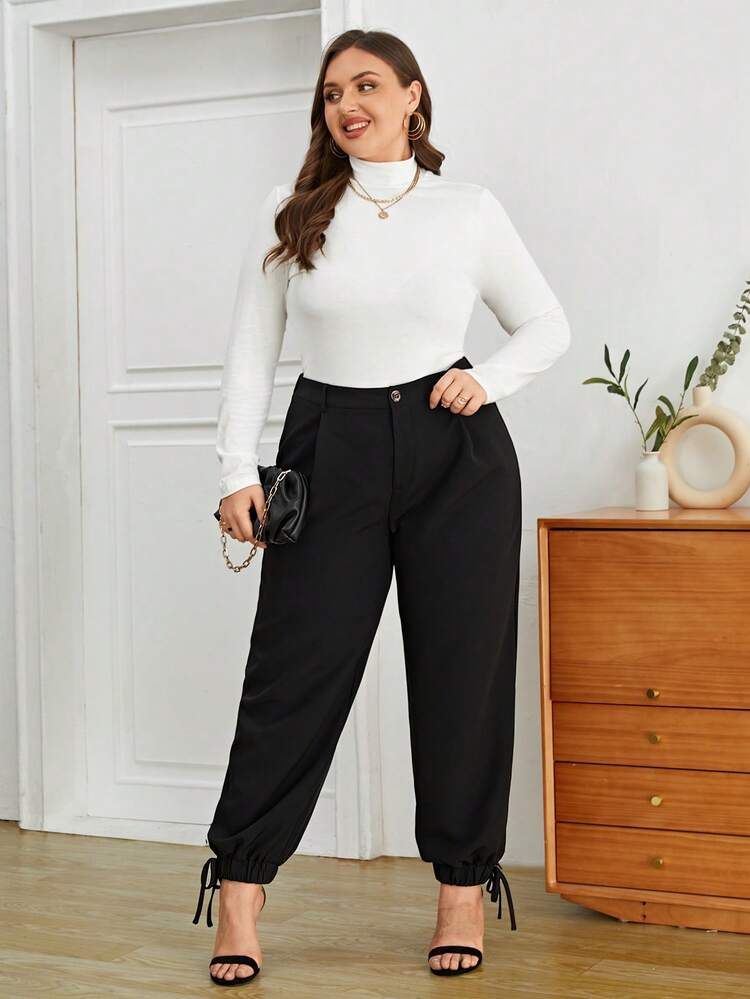 Plus Solid Drawstring Hem Pants