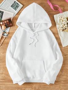 SHEIN EZwear Slogan Graphic Kangaroo Pocket Drawstring Thermal Hoodie - White - View 2
