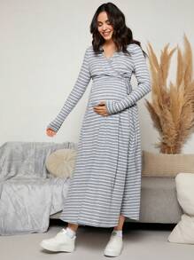SHEIN Maternity Striped Print Knot Side Wrap Dress With Long Sleeve - Grey - View 4