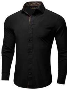 Hombres Camisa de rayas en contraste con botón - Negro - Ver 3