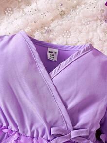 Đứa bé gái Đèn treo tường tay áo lá sen Nơ mặt trước Đầm - Màu tím - Xem 3