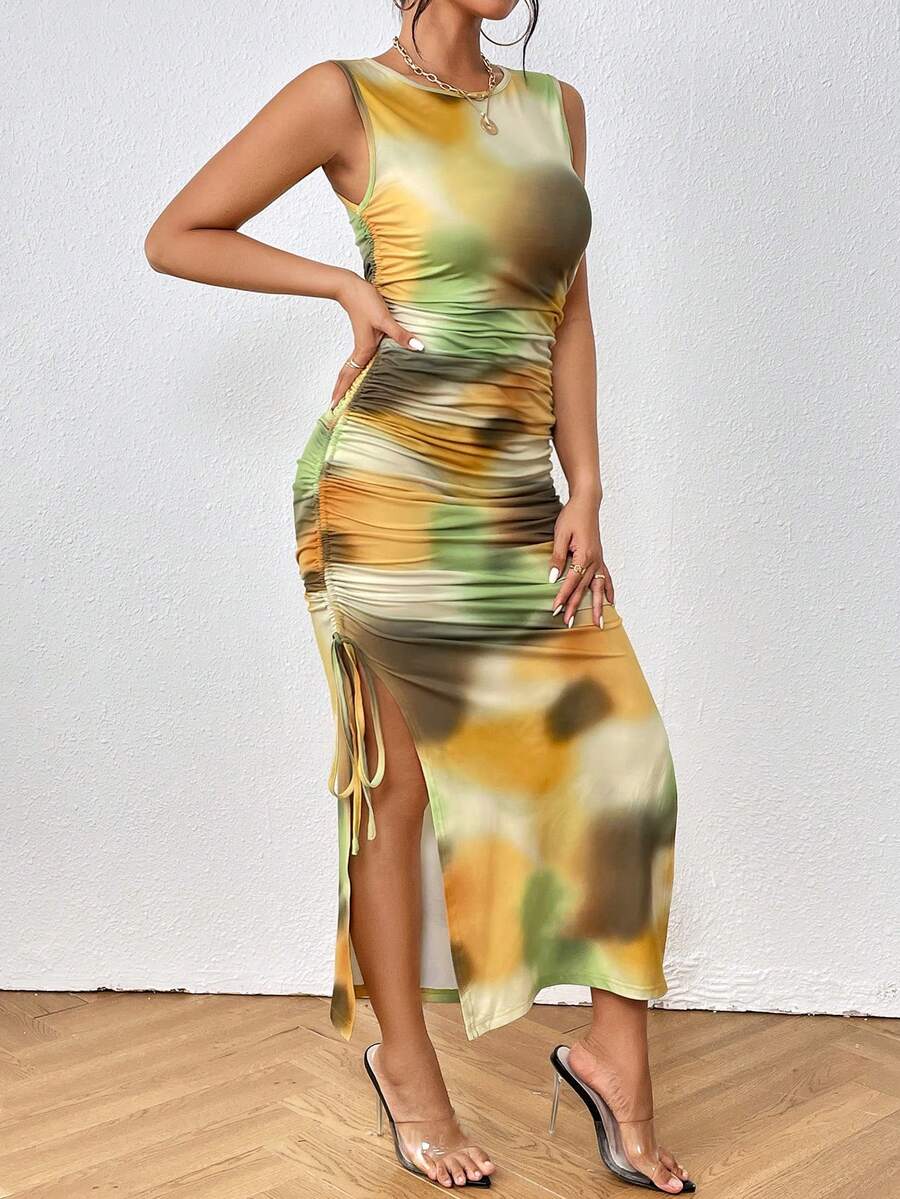 SHEIN Essnce 紮染側抽繩高衩洋裝 - 彩色 - 查看 1