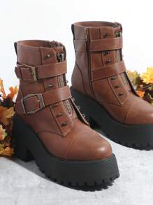 SHUZIA Da giả Buckled Lug Sole Giày ống Tây Combat - Rỉ Nâu - Xem 3
