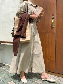 DAZY Vestido camisero unicolor con botón delantero - Caqui - Ver 6