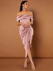 SHEIN BAE Off Shoulder Ruched Asymmetrical Hem Solid Dress,Pastel Dresses For Women - Dusty Pink - View 5