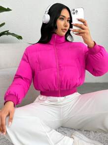 SHEIN EZwear Áo khoác đệm có khóa kéo cỡ lớn - Màu Hồng Tươi - Xem 4