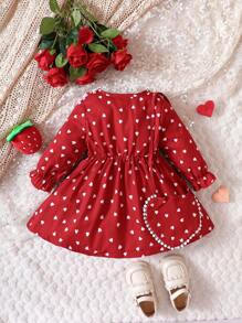Baby Girl Heart Print Ruffle Trim Flare Sleeve Dress With Bag - Red - View 2