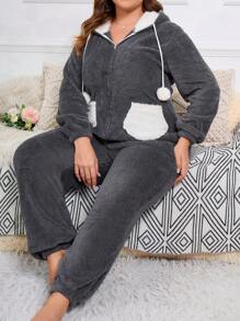 可愛口袋 拉鍊撞色大碼睡衣連體褲 - 灰色 - 查看 5