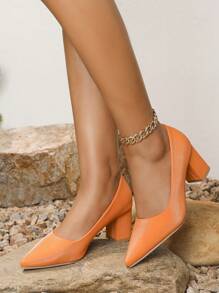 女性時尚舒服的橘色尖頭粗跟高跟鞋高跟鞋 - 橘色 - 查看 2