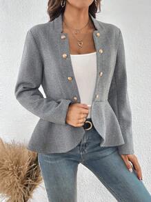 SHEIN Clasi 人字形圖案雙排釦荷葉邊下擺花呢外套 - 黑色 - 查看 4