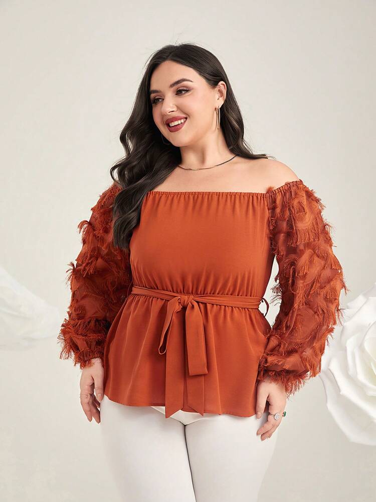 Plus Off Shoulder Appliques Lantern Sleeve Belted Blouse