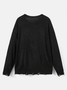 Flirla Hơn Đồ họa Khẩu hiệu Rách Thả vai Áo len - màu đen - Xem 2