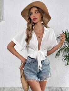 SHEIN VCAY 素色前打結蝙蝠袖短款襯衫 - 白色 - 查看 5