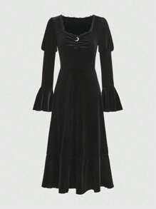 ROMWE Goth Vestido unicolor fruncido de manga amplia de terciopelo - Negro - Ver 1