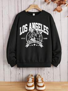 青少年女孩老虎和字母圖案落肩袖運動衫 - 黑色 - 查看 1